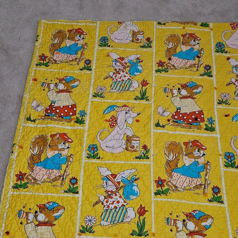 VTG Handmade Yellow Blanket Anthropomorphic Animal Dog Bunny Squirrel 40x48 READ